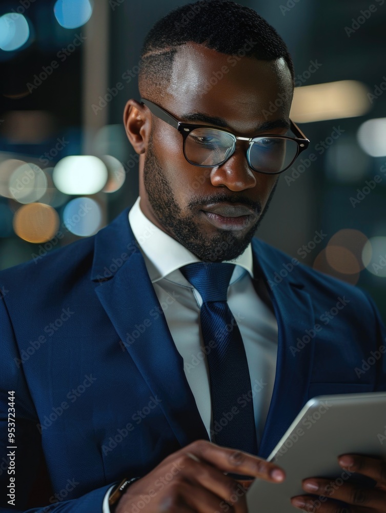 Poster a professional man in a suit and tie using a tablet to work or browse the internet. he is seated at 