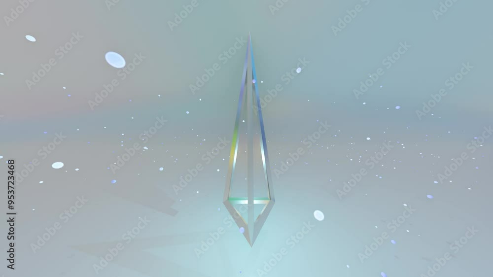 Poster metal pyramid frame rotates on gray background with flying particles. looped animated background. 3d