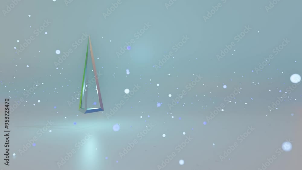 Poster metal pyramid frame rotates on gray background with flying particles. looped animated background. 3d