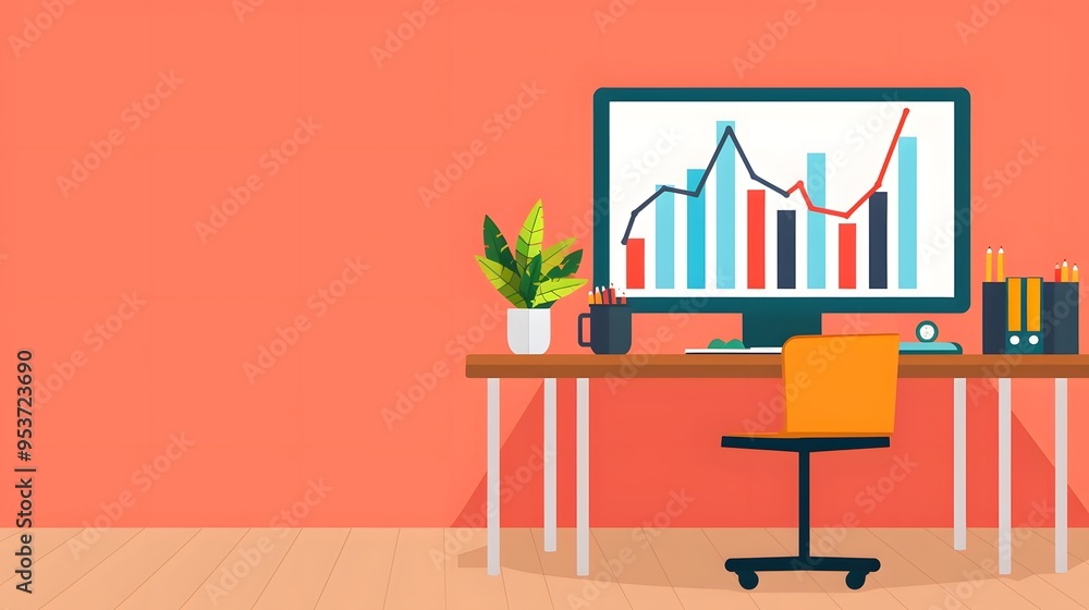 Aufkleber a person is typing on a computer with a monitor displaying graphs and charts. the desk is cluttered 