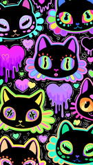 Bright and hallucinogenic cat heads on black background. Vector illustration