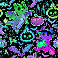 Bright Halloween pattern with cute cats and pumpkins