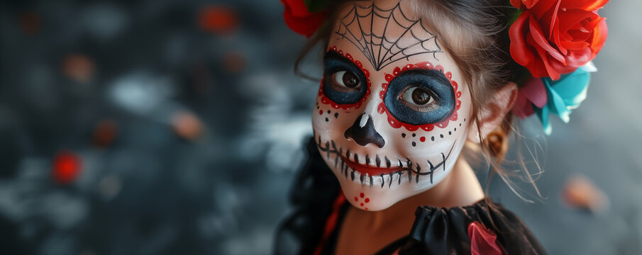 Small cute girl with skull makeup and flower crown, cavalera costume over dark background. Banner with copyspace. Shallow depth of field.