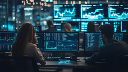 Diverse professionals in modern office intensely focused on complex database interfaces, competitive atmosphere with charts and graphs displaying performance metrics and real-time data analysis