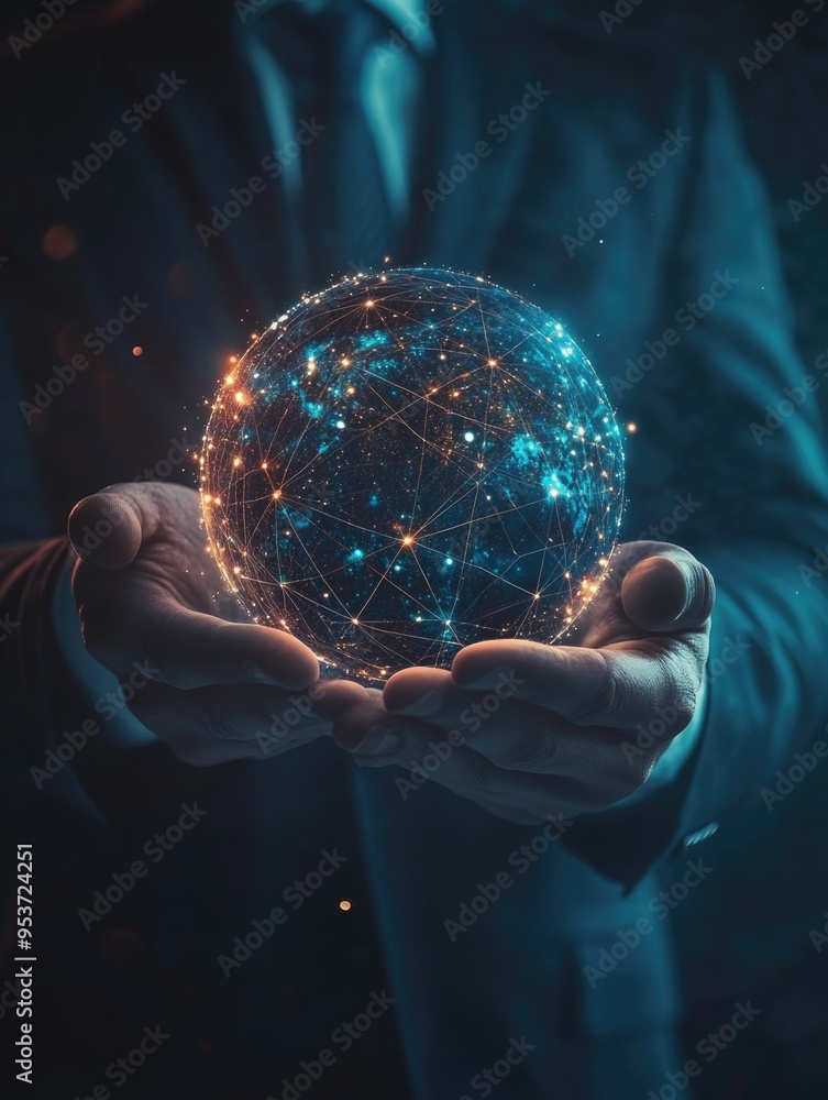 Aufkleber hand holding a planet-shaped globe set against a cyberspace backdrop with digital elements and light