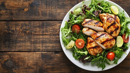 A plate of grilled chicken with fresh salad on a wooden table, with ample space for text.