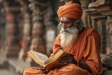 Old indian sadhu saint sitting and reading sacred texts near the temple.