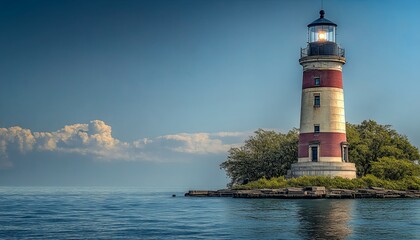 A lighthouse stands tall on a small island, its light shining brightly against a blue sky and calm ocean.