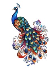 Fototapeta premium Majestic Peacock with Breathtaking Tail Display on White Background