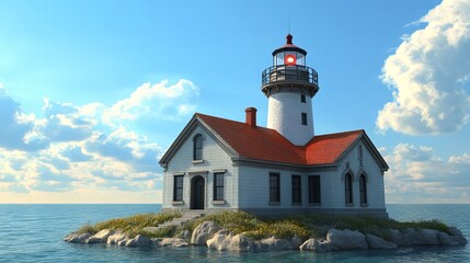 A white lighthouse with a red roof stands on a rocky island in the middle of the ocean.