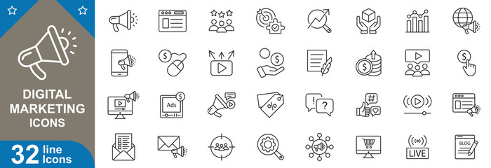 Digital marketing set. Content, marketing, email, ecommerce, influencer, outreach, SEO, campaigns, advertising and more. vector illustrator.