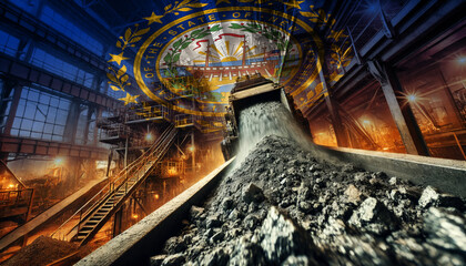 Obraz premium An industrial scene of coal being processed, combined with the New Hampshire flag, highlighting the nation's industrial prowess and the importance of energy production
