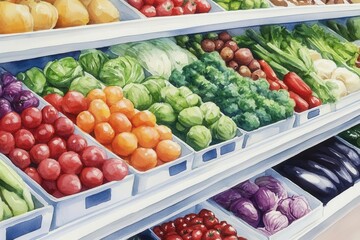 Fresh vegetables and fruits neatly arranged on supermarket shelves, showcasing a vibrant display of healthy produce in various colors.