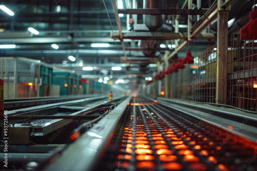 Poster a modern industrial production line with automated machinery and robotic systems, showing a glimpse 