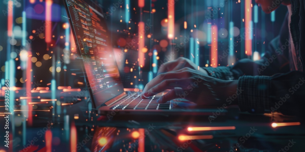 Aufkleber digital currency trader working on laptop with blockchain technology.