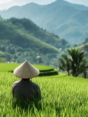 Man with conical hat in rice fields, showcasing traditional agricultural practice on hillside, Vietnam