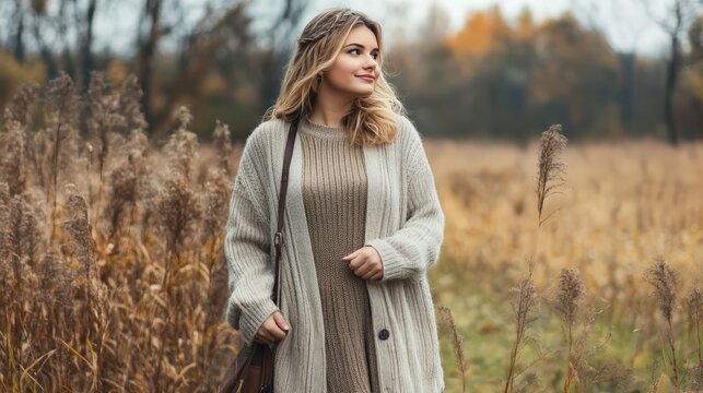 Woman strolling in autumn meadow, wearing cozy sweater and coat, surrounded by tall grass and trees with colorful leaves.