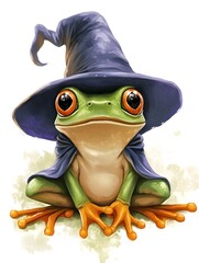Obraz premium Adorable Frog in Wizard Hat on Magical White Background