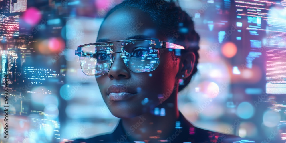 Poster an empowered business professional engaging in comprehensive data analysis in todays fastpaced digit