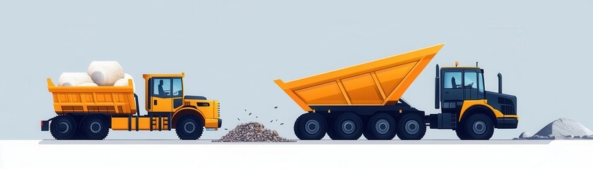 Heavy duty trucks, construction material delivery, flat design illustration