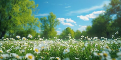 Fototapeta premium A bright and sunny day in a garden with many blooming flowers.