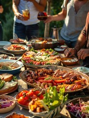 Obraz premium Social gathering of friends and family enjoying outdoor barbecue with fresh vegetables, salads, and meat options in a natural setting.