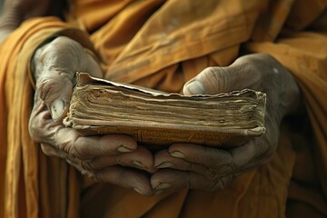 Prayer book of papyrus in the hands of Buddhist monk