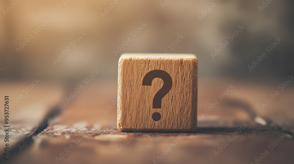 Poster wooden block with a question mark on a rustic wooden surface symbolizing inquiry and curiosity.