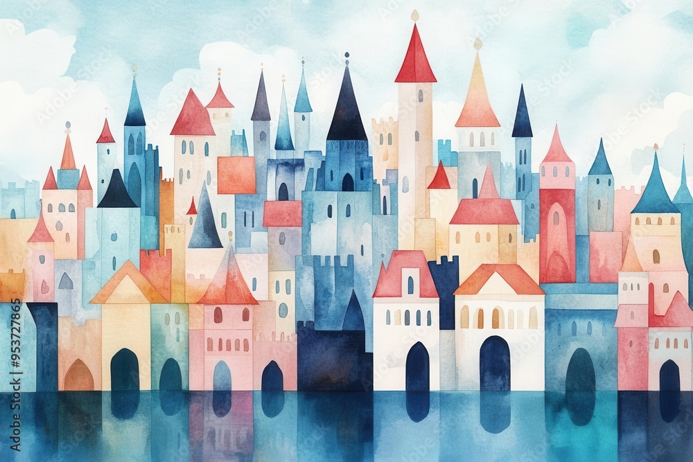 Wall mural fantasy city planning with magical elements, fantasy, soft colors, watercolor, enchanted blueprints