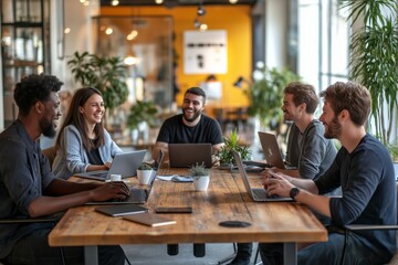 In a contemporary office setting, a collaborative business meeting is currently underway, designed specifically to foster engagement and stimulate creativity among all participating individuals