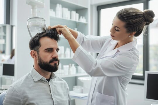 Male patient undergoing scalp examination during visit to trichologist