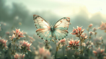 A butterfly is flying over a field of flowers