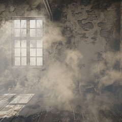 3D render of an old room interior with smoke rising