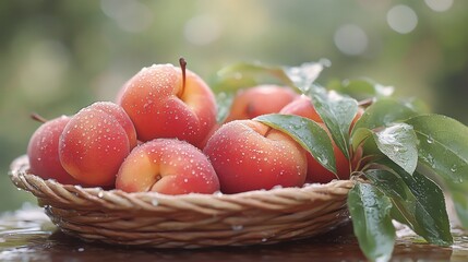 Juicy nectarines in a basket glistening with dew