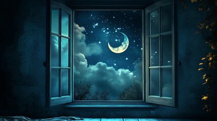 Night Sky View Through Open Window