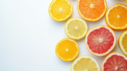 Freshly sliced citrus fruits on a clean white surface, with copy space on the side.