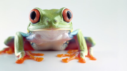 Obraz premium A green frog with red eyes is staring at the camera