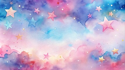 Fototapeta premium Enchanting watercolor sky with colorful stars and dreamy clouds in a whimsical setting