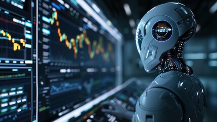 Futuristic robot analyzing data on computer screens in a high-tech environment, showcasing advanced artificial intelligence.