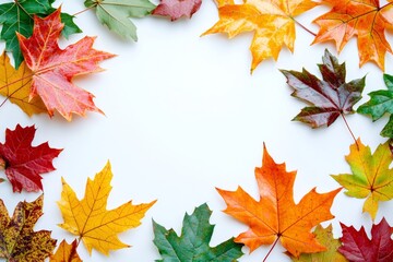Fototapeta premium Autumn Maple Leaves Flat Lay White Background created with Generative AI