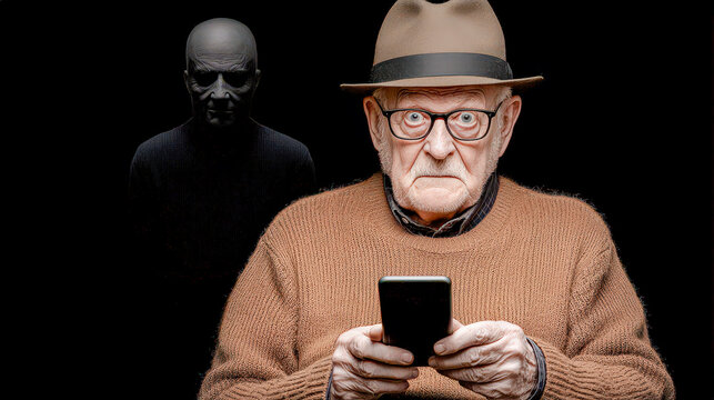 Beware of Grandparent Scams Frightened Elderly Woman on the Phone Threatened by Fraudulent Callers &ndash; A Symbolic Image of Telephone Fraud and Criminal Schemes