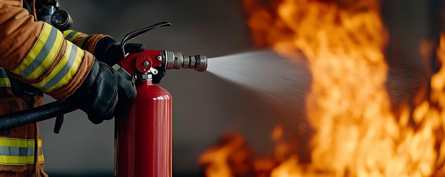 Close-up action shot of a firefighter using a fire extinguisher against intense flames, capturing the power and urgency of fire safety