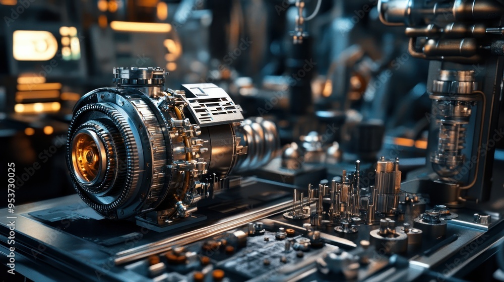 Poster close-up of a complex metal machine with gearing and components