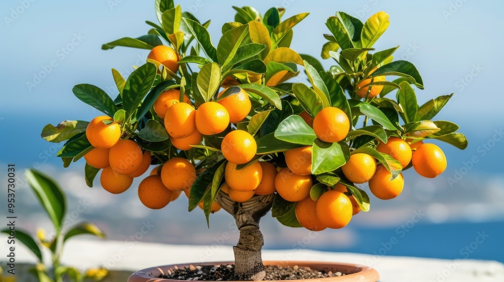 Wall mural A potted plant with small, yellowish-orange kumquats growing on it