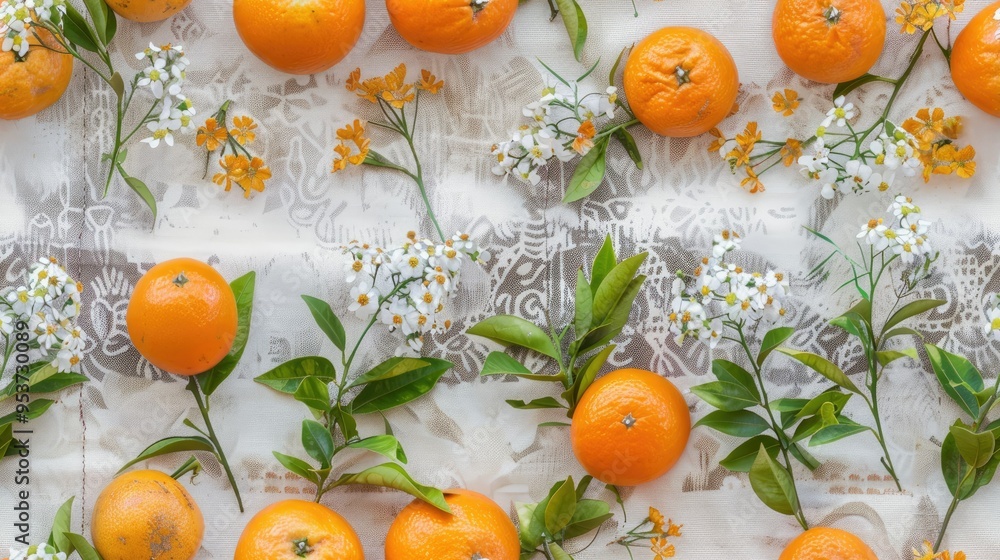 Canvas Prints a white table with oranges and green leaves