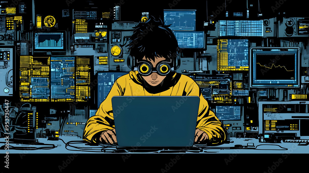 Poster a young hacker sits in front of a laptop in a dark room filled with computer screens.