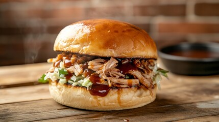 Juicy pulled pork sandwich with coleslaw dripping barbecue sauce