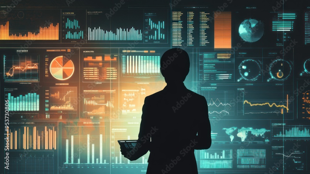 Poster silhouetted figure analyzing data on a wall of digital screens