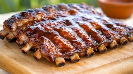 Juicy rack of ribs covered in a sticky barbecue glaze glistening with sauce