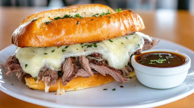 Juicy roast beef sandwich with melted cheese served with a side of au jus